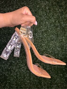Fashion Nova Tan Heeled Sandals with Clear Straps and Crystal Block Heel